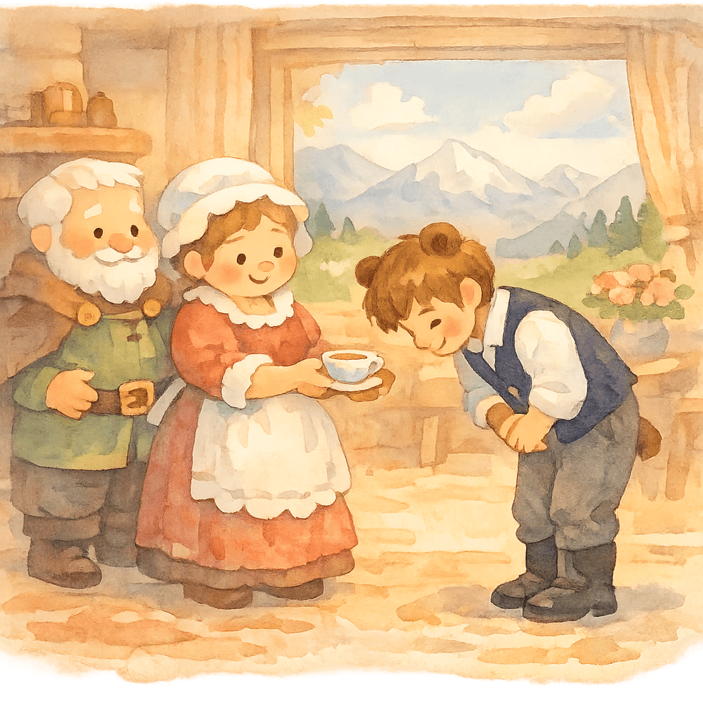 Медведь-юноша пьёт кофе вместе с хозяевами