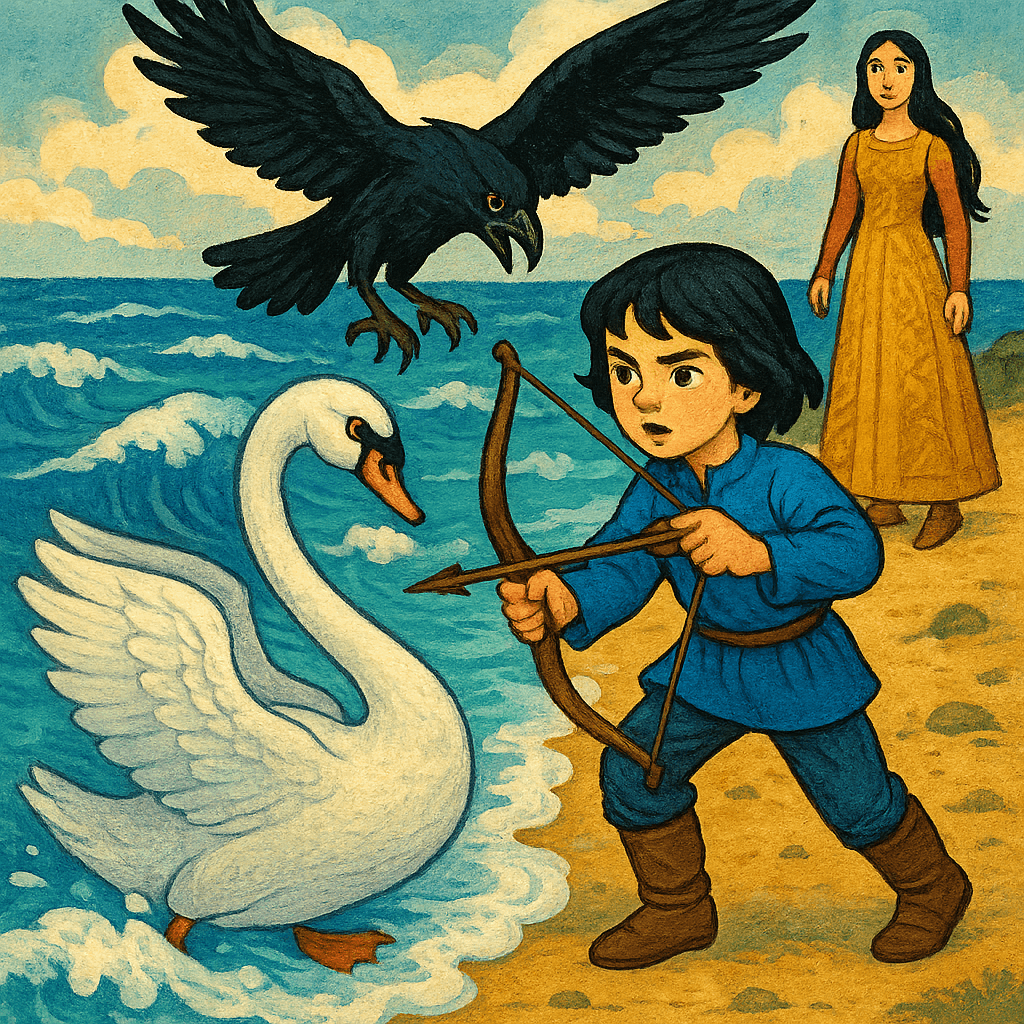 Гвидон стреляет в коршуна, защищая белую лебедь, царица наблюдает с берега.