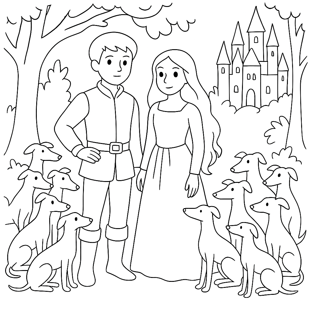 Раскраска по сказке "Сын короля франции и красавица джоана"
