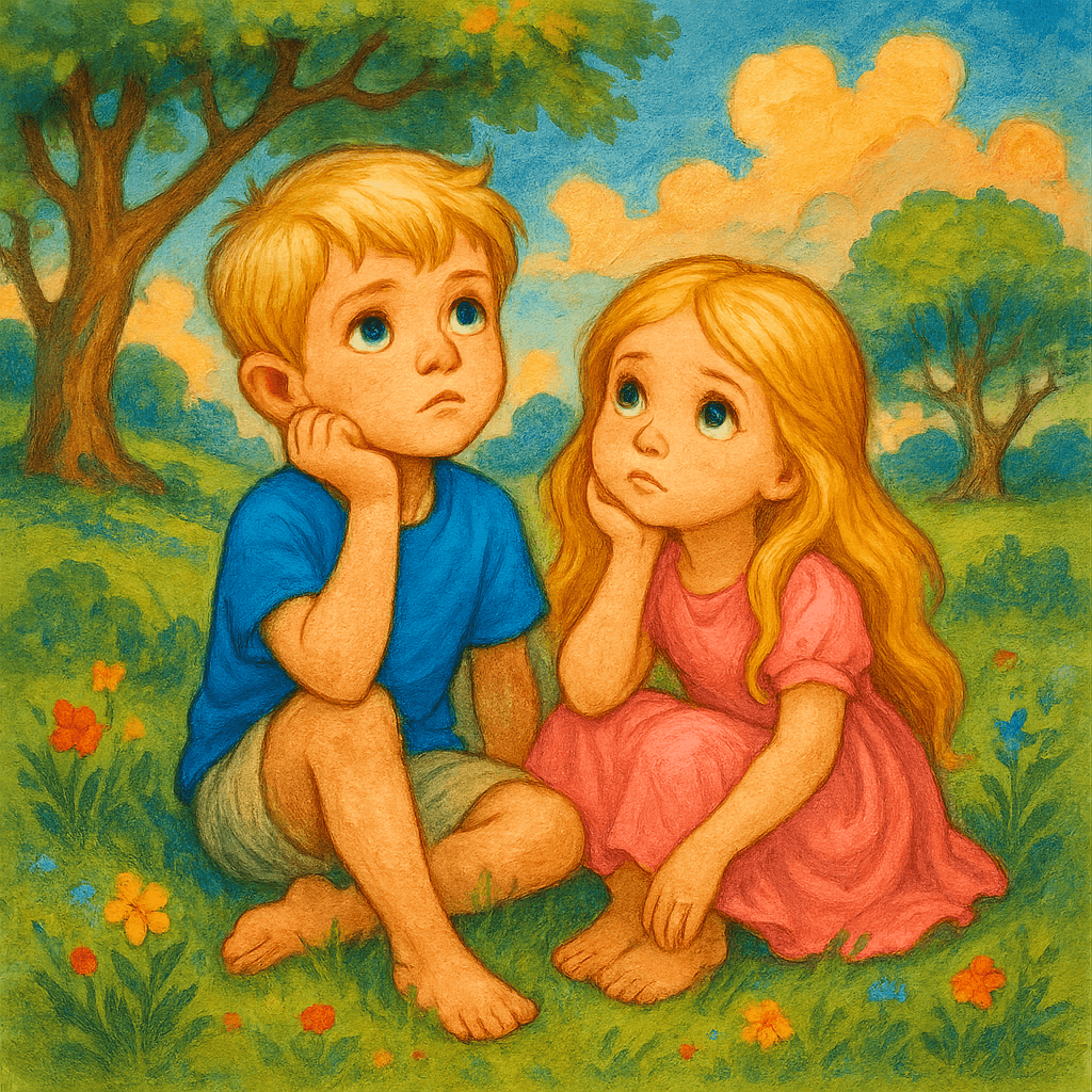 Юрик и сестренка на траве, задумчивые.