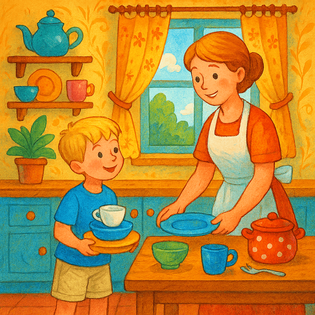 Юрик помогает няне убрать посуду на кухне.