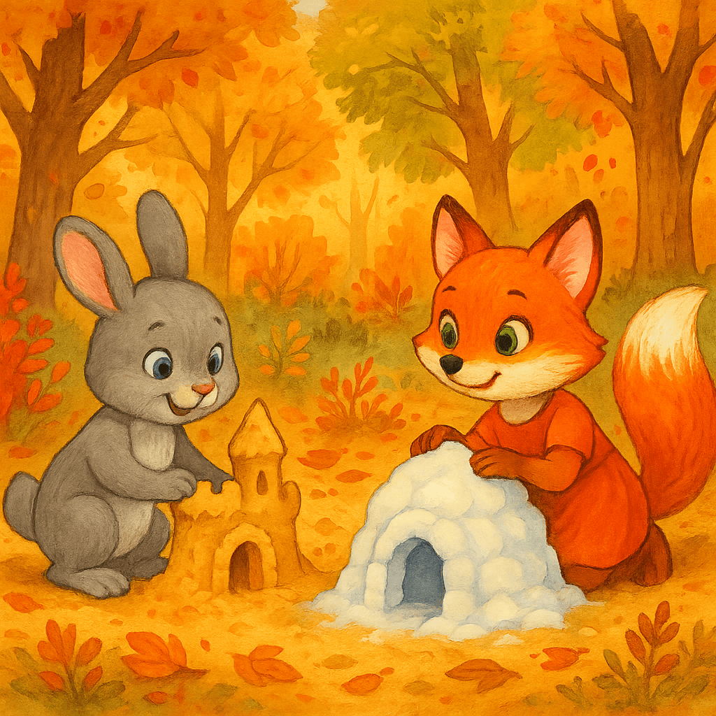 Зайчик и лиса строят избушки в лесу