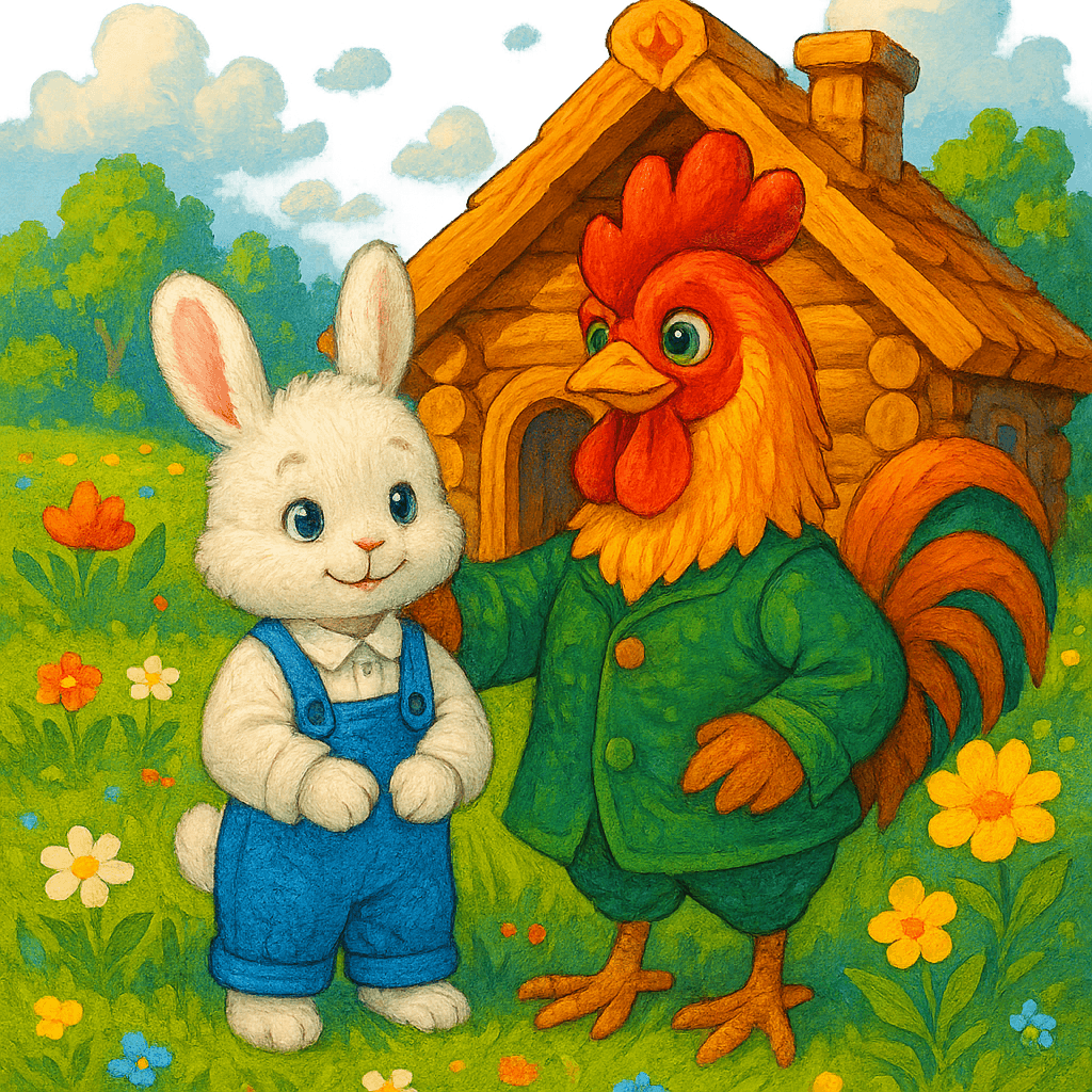 Зайчик и петух счастливо живут вместе в лубяной избушке.