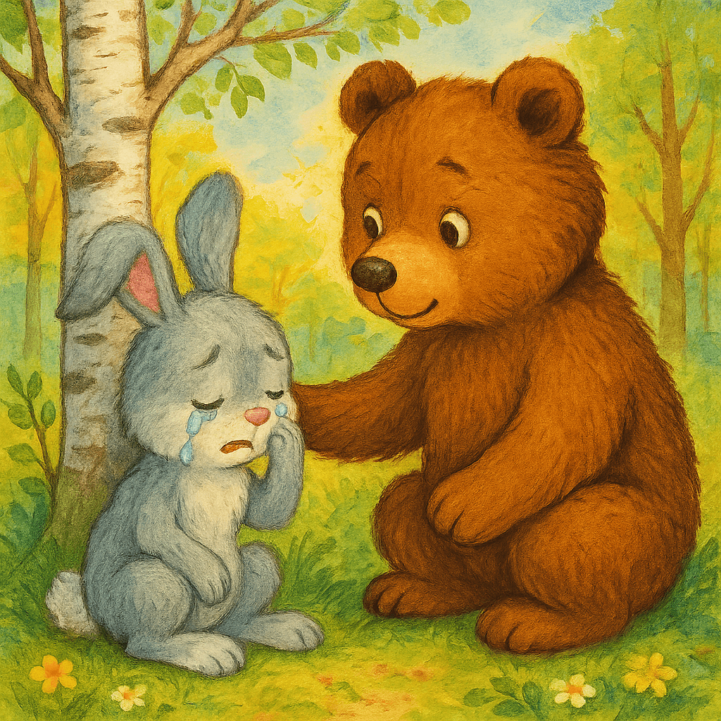 Зайчик опять плачет, медведь пришёл помогать