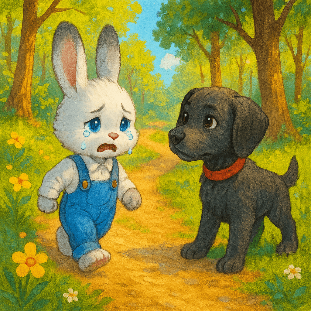 Плачущий зайчик встречает добрую собаку в весеннем лесу.