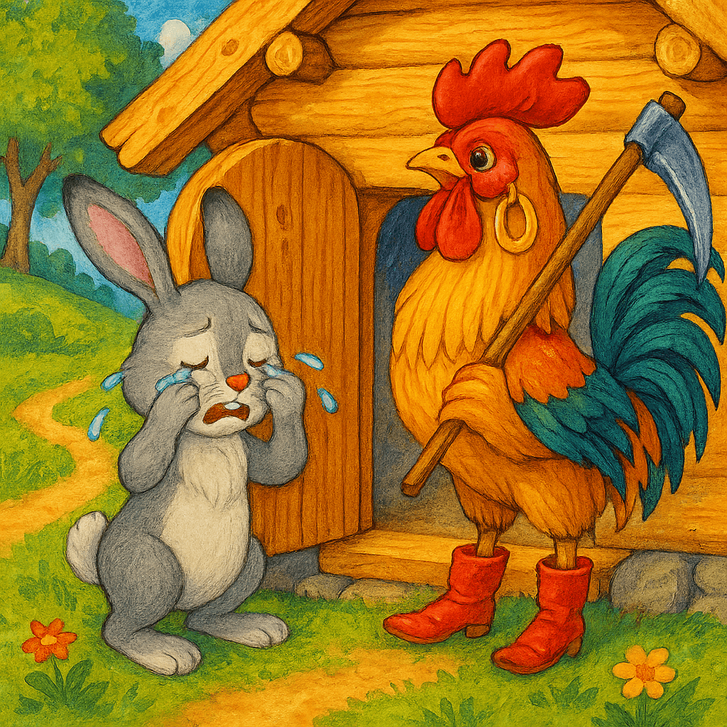 Зайка и петух перед избушкой.