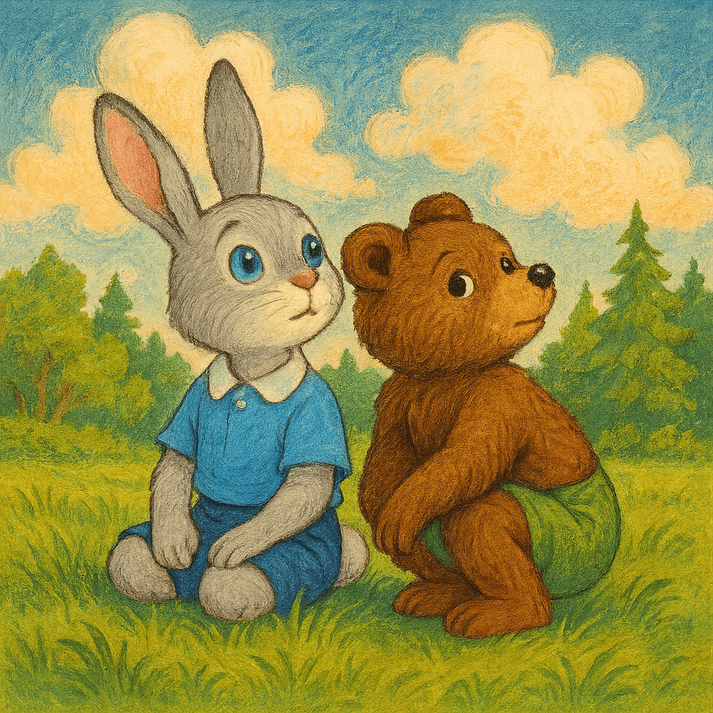Зайчонок Пётр и медвежонок вместе смотрят на небо, сидя на травке.