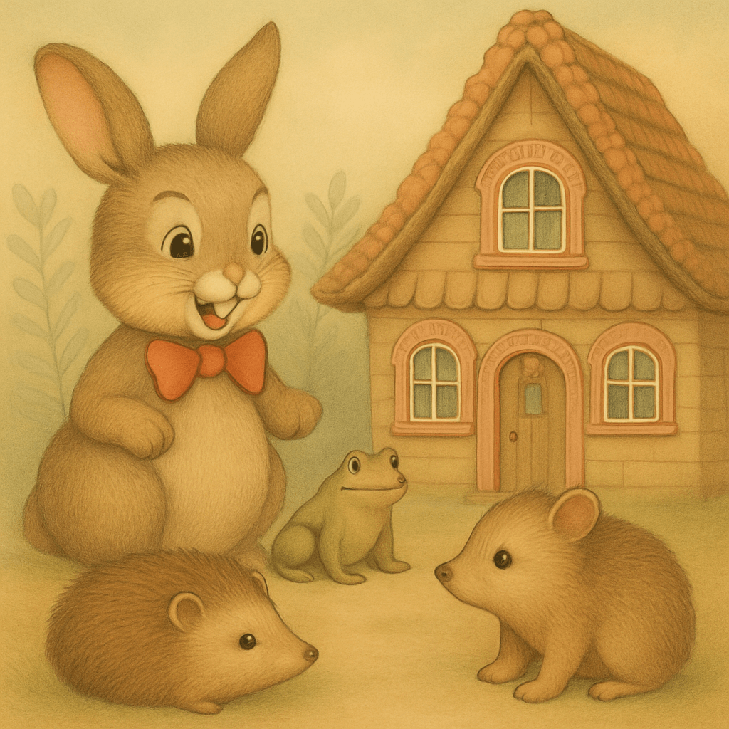 Зайчонок радуется в теремке