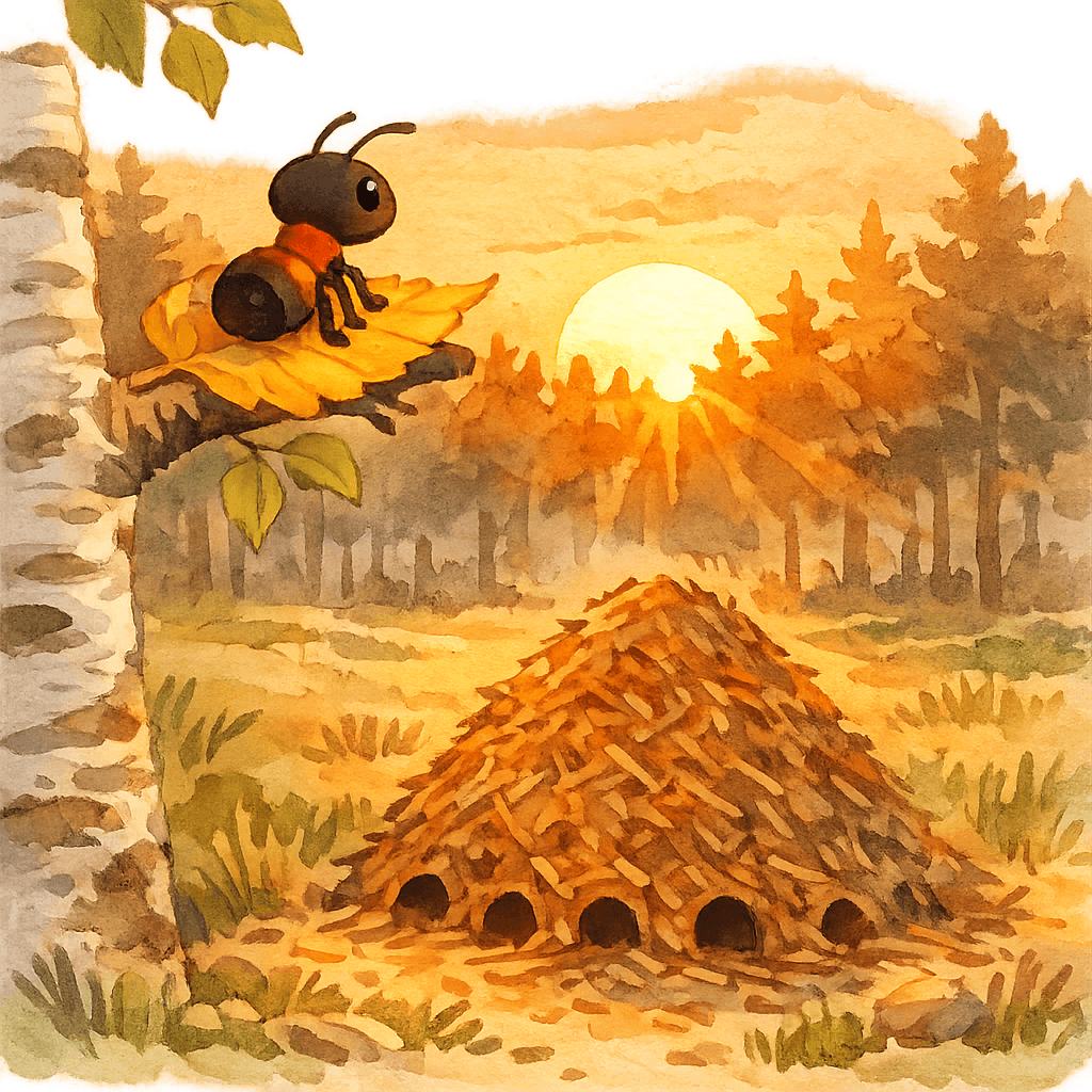 Солнце клонится к лесу, Муравьишка на листке переживает о времени.