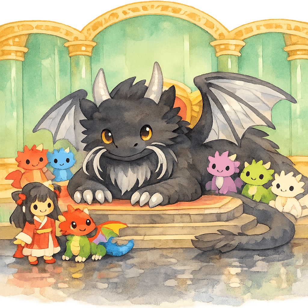 Старый дракон в дворце, девочка и разноцветные маленькие дракончики.