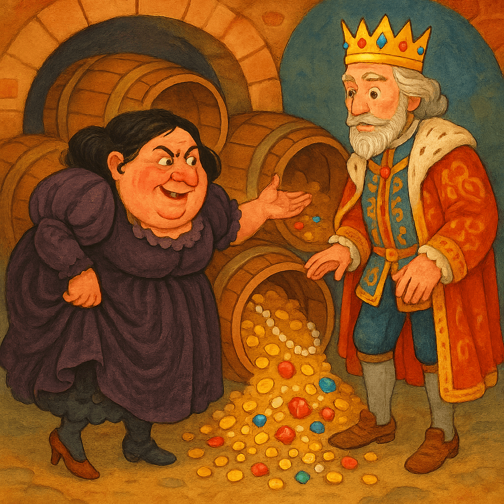 Герцогиня Грудж и король в погребах с золотыми и драгоценными камнями.