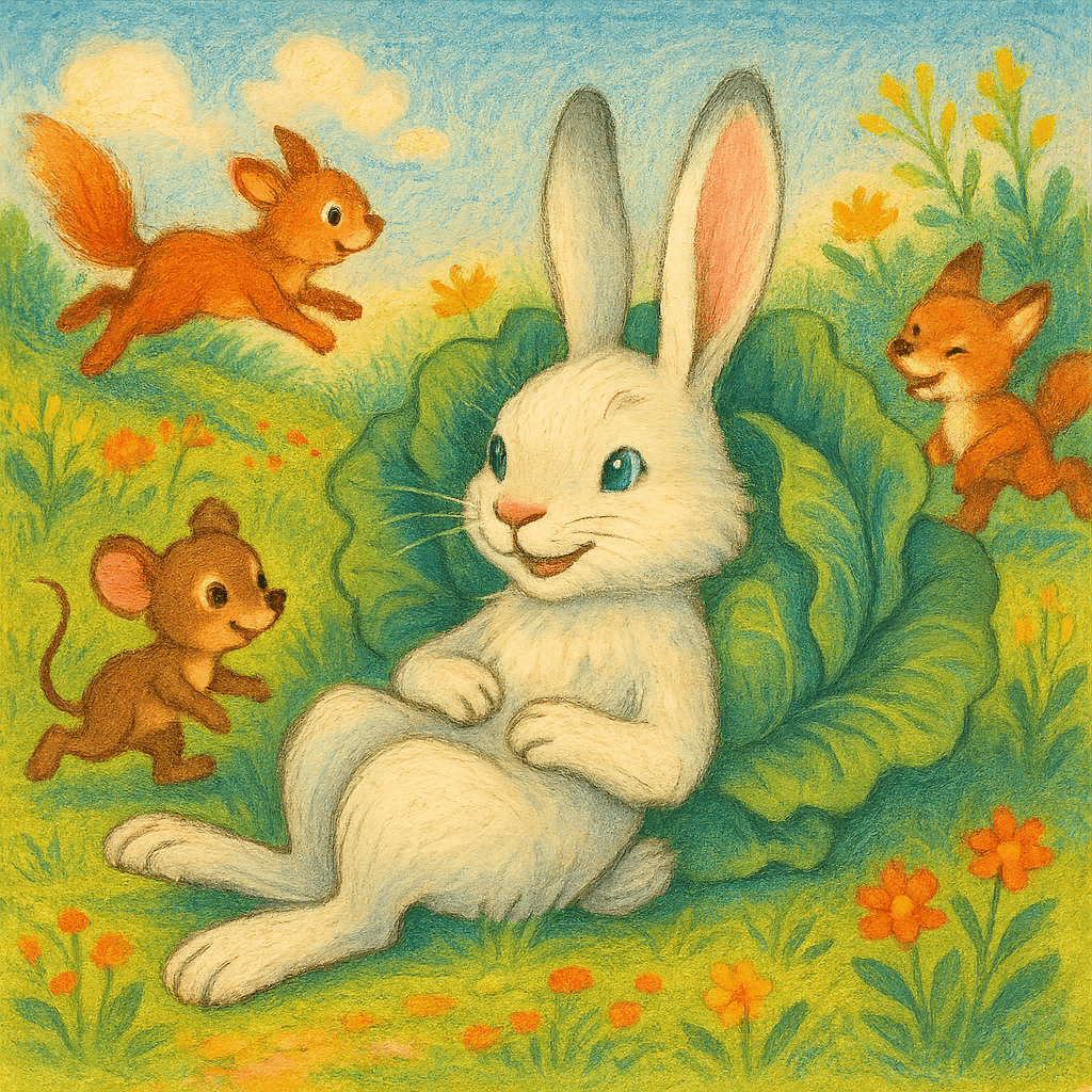 Заяц лежит под капустой и всех уговаривает.