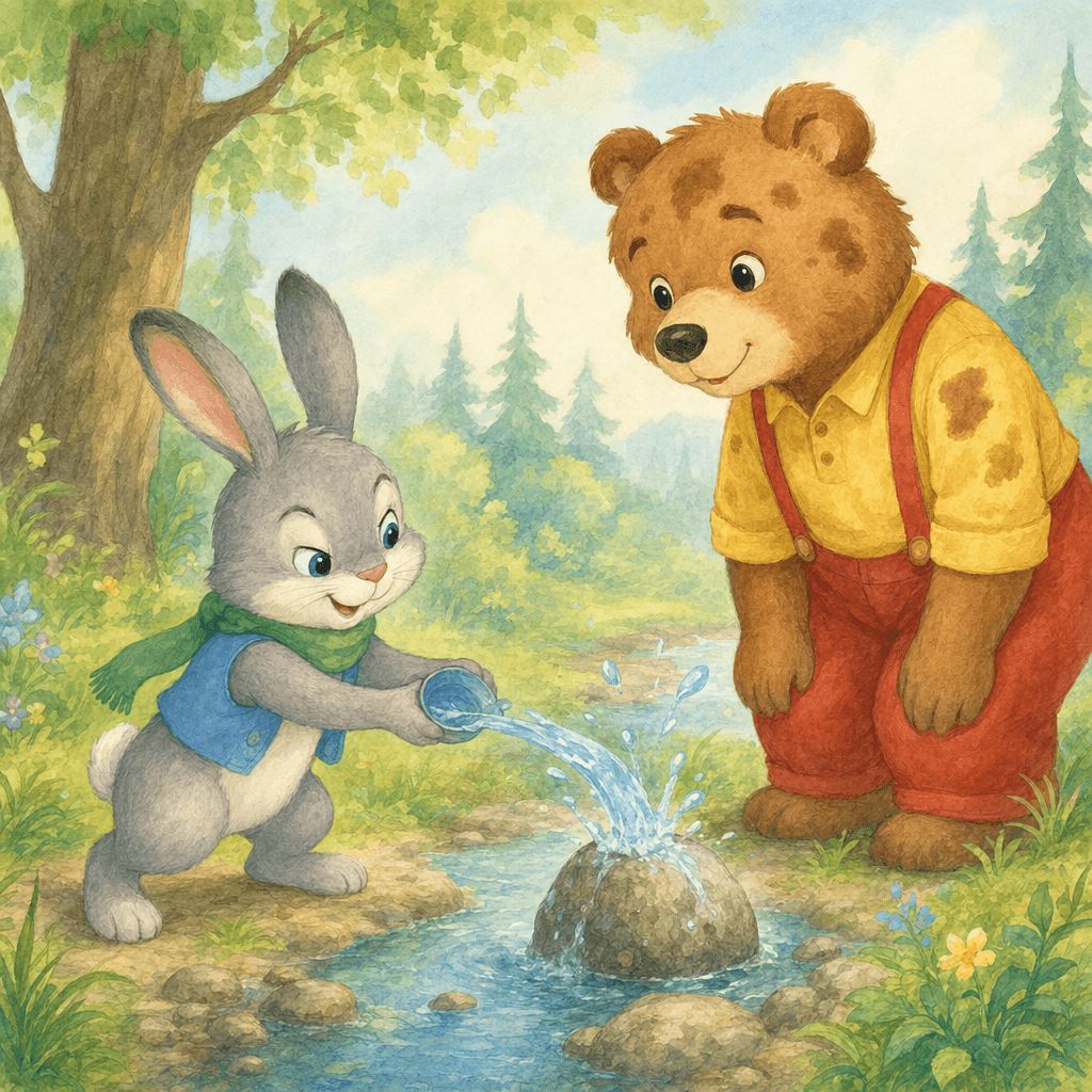 Заяц хитрит с камнем, медведь удивлён