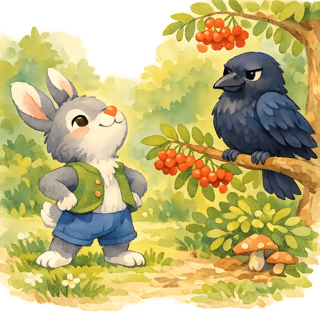 Заяц и ворона на лесной поляне
