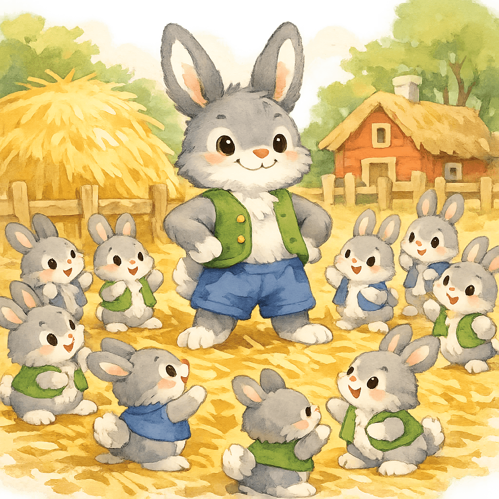 Заяц хвастается перед другими зайцами на гумне