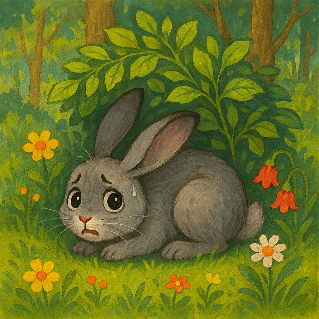 Заяц в лесу под кустом выглядывает, думает о страхах