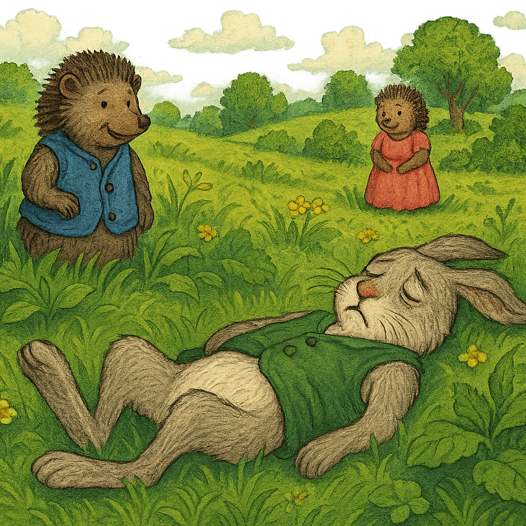 Заяц лежит на земле от усталости, ёж и ежиха улыбаются.