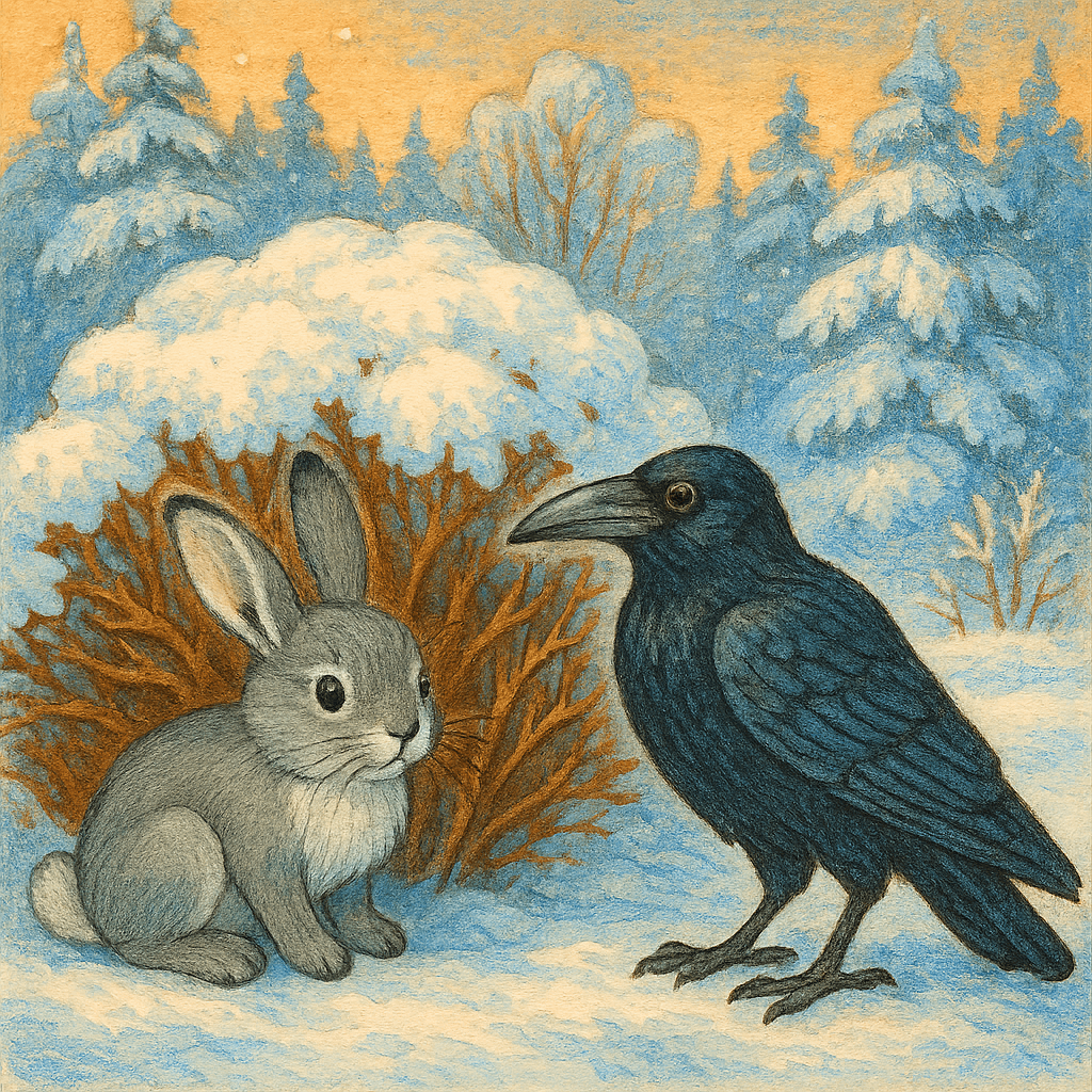 Заяц прячется под кустом, ворона стоит рядом в заснеженном лесу