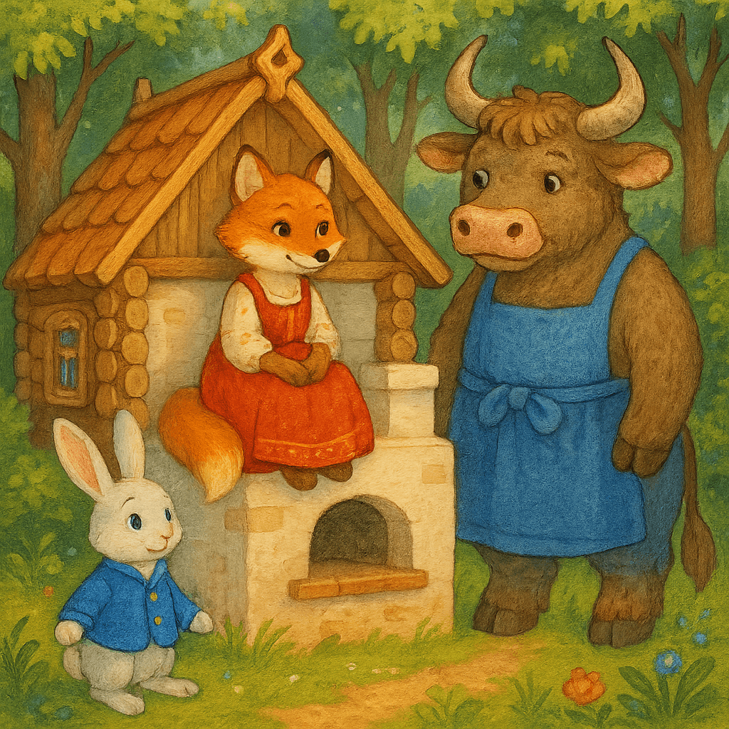 Заяц, бык и лиса у избенки: бык грозно ревёт, а лиса прячется на печи