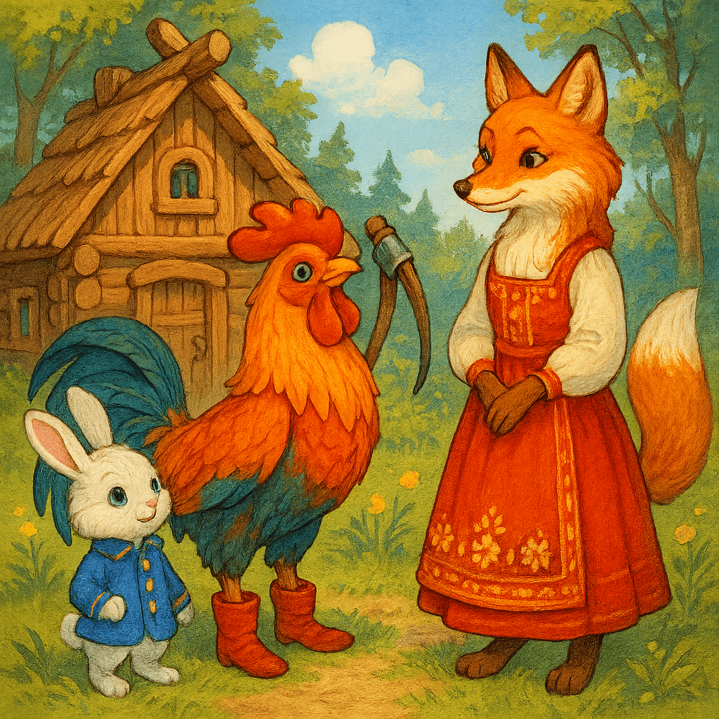 Заяц, петух с косой и лиса у лубяной избенки на солнечной лесной поляне