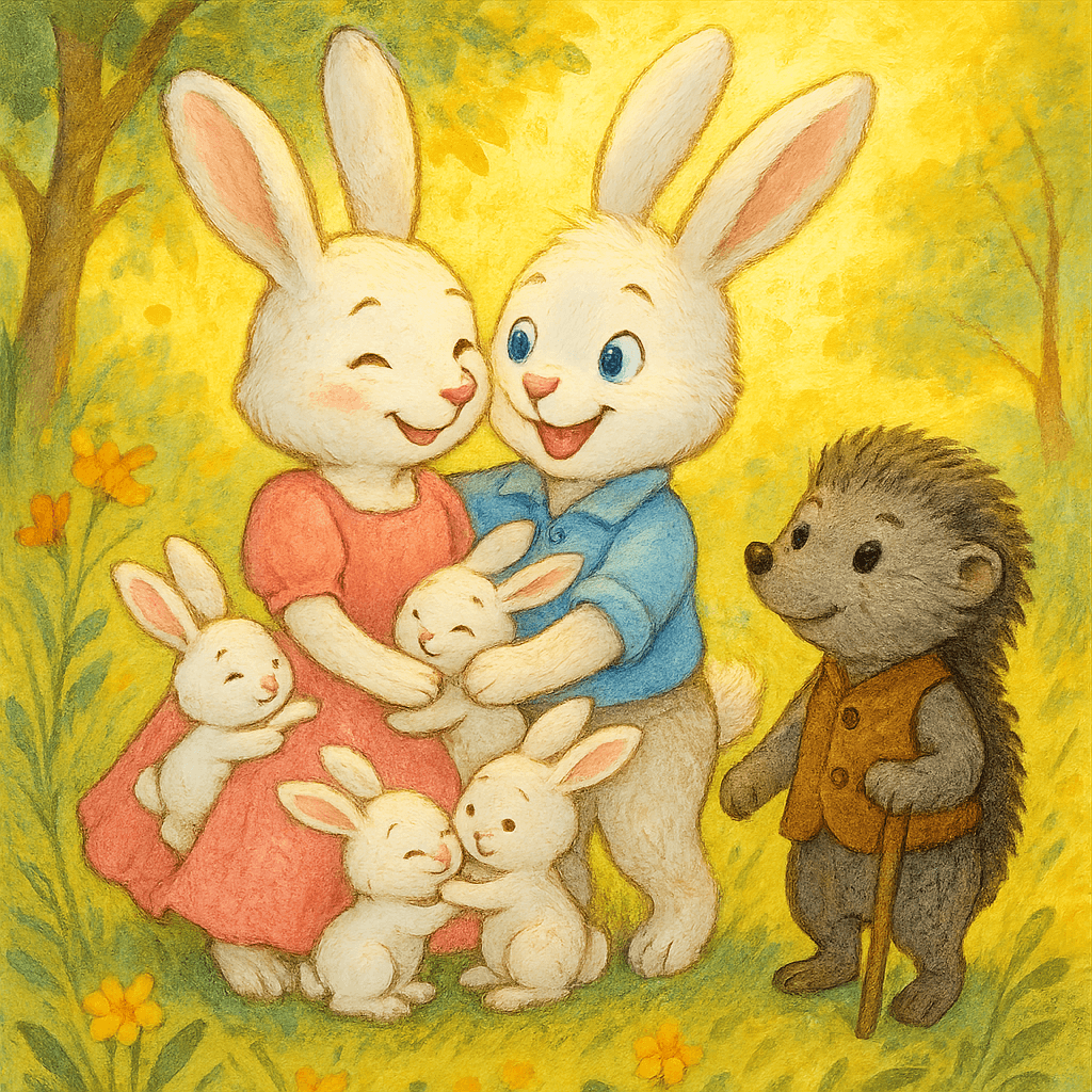 Заяц вернулся домой, его встречает семья, рядом Ёжик с палочкой-выручалочкой