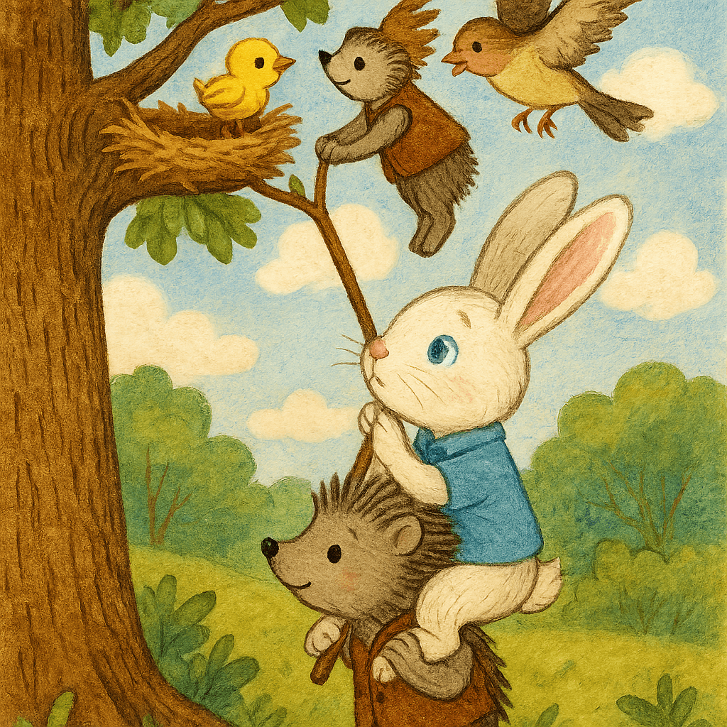 Ёжик и Заяц помогают вернуть птенца в гнездо