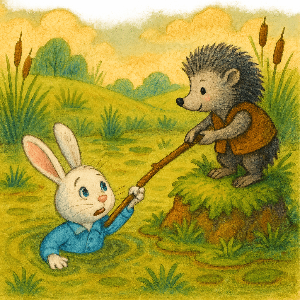 Заяц провалился в болото, Ёжик спасает его палкой