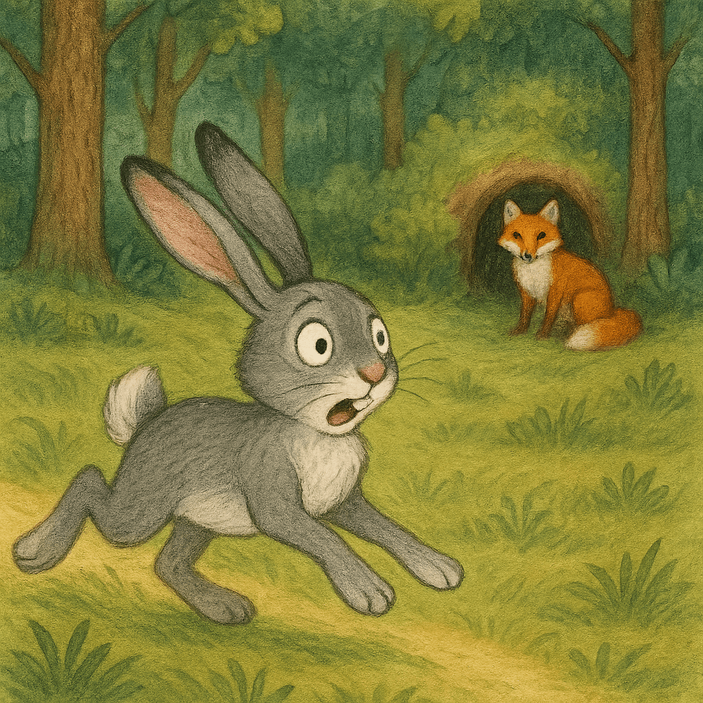 Заяц убегает от лисы по поляне