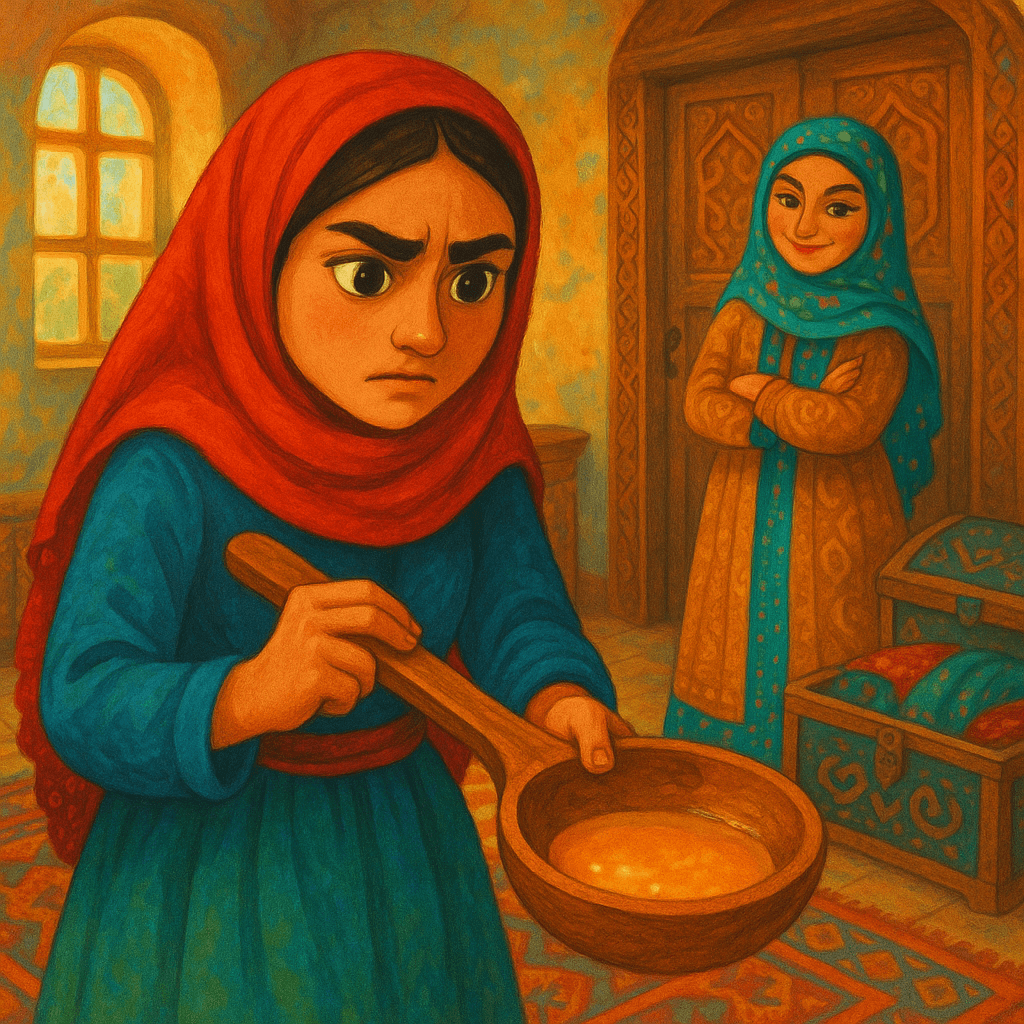 Зейнаб приходит к Фатиме, чтобы одолжить мерку для измерения золота, Фатима тайно намазывает дно мерки медом, чтобы узнать о богатстве Зейнаб