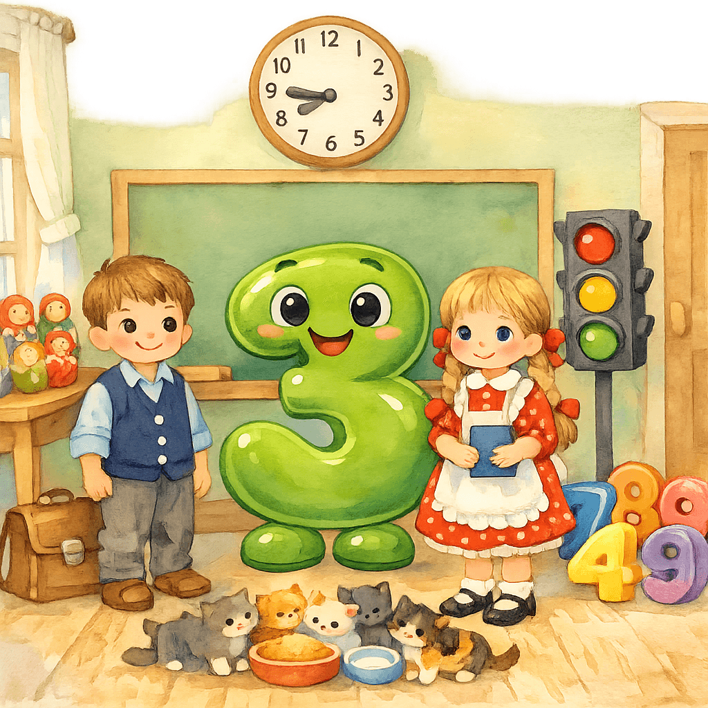 Зелёная объёмная цифра три стоит у меловой доски, мальчик и девочка рядом с ней показывают на неё в светлой сказочной классной комнате с цифрами, светофором, матрешками и котятами