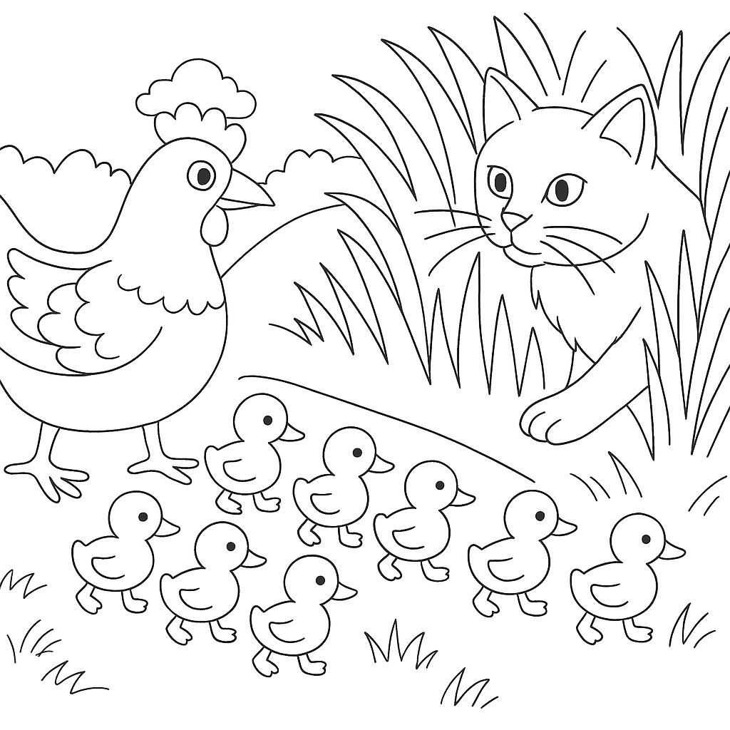 Раскраска по сказке "Курочка ряба и десять утят"