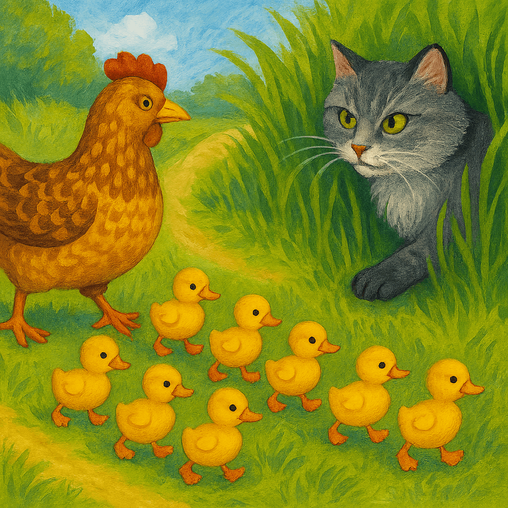 Девять утят идут за курочкой Рябой, навстречу в траве прячется усатая серая кошка.