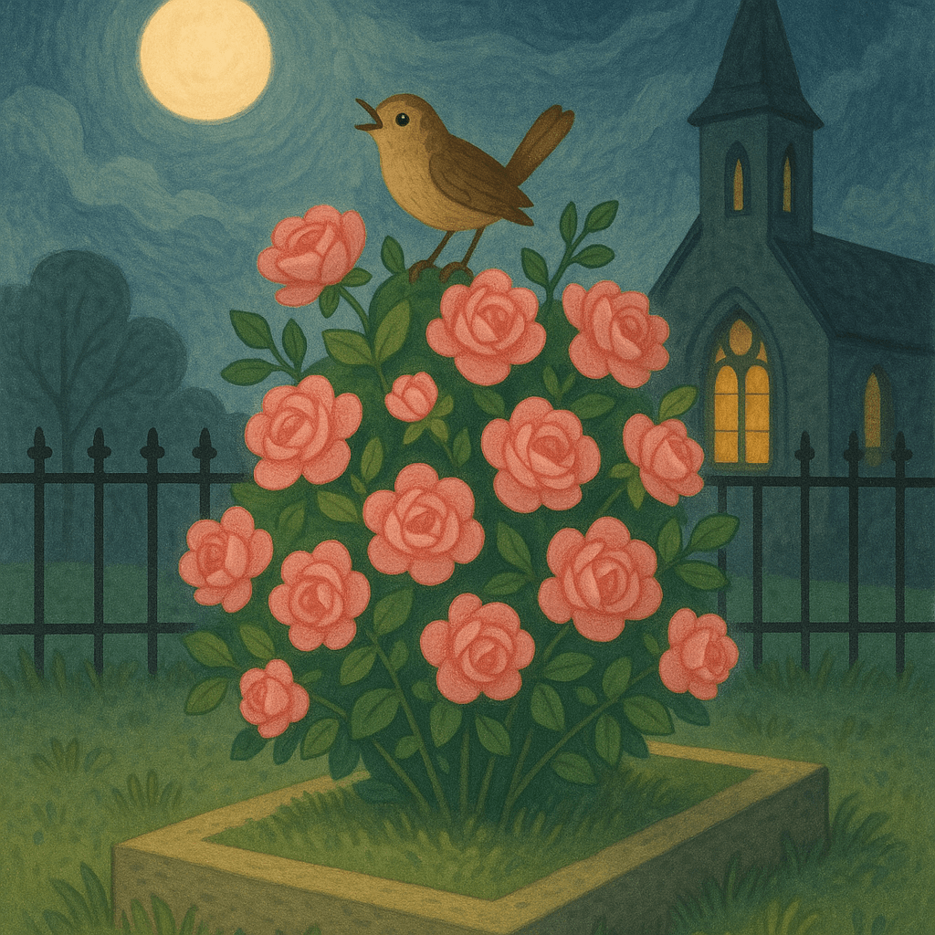 Розовый куст и поющий соловей на могиле у церкви ночью