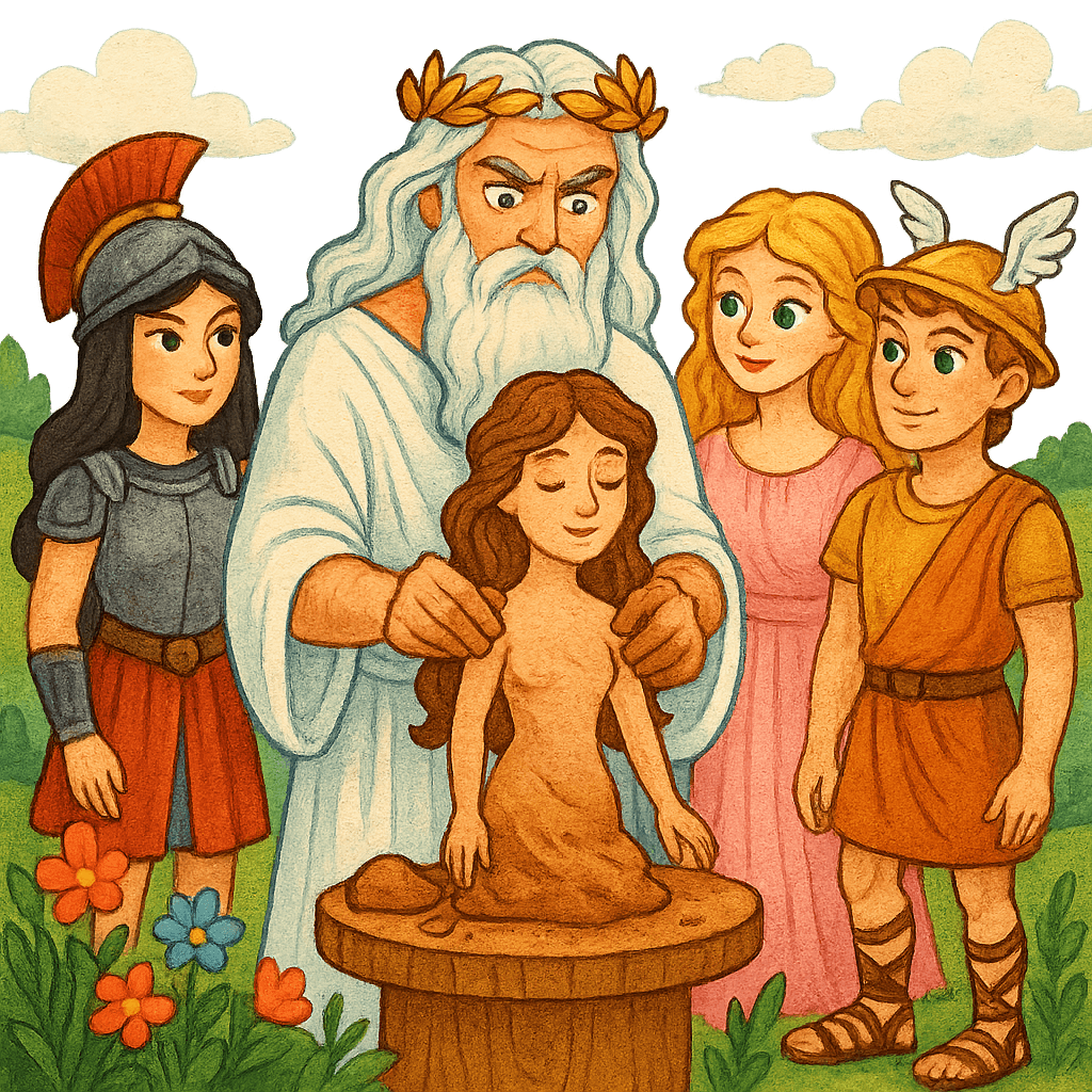 Боги создают Пандору из глины.