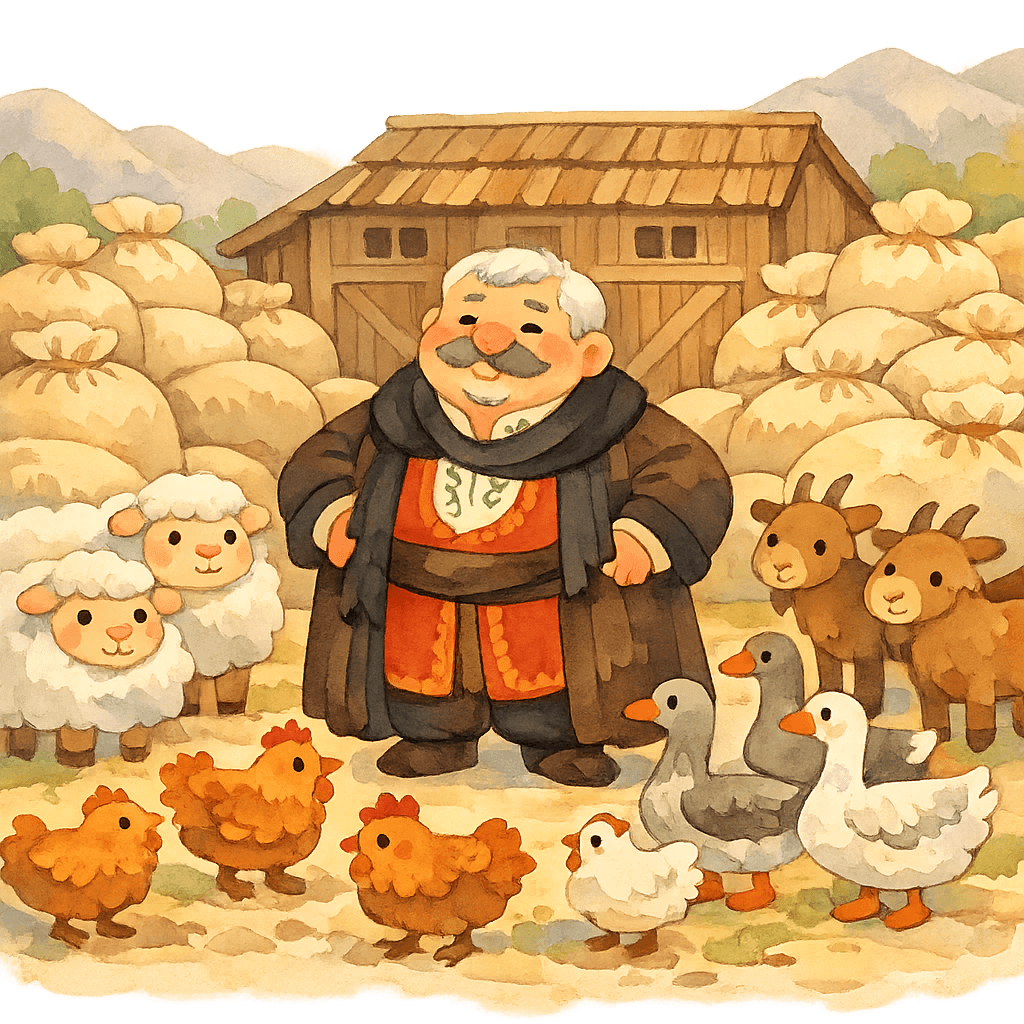 Саранбай на большом дворе среди множества животных и мешков с мукой