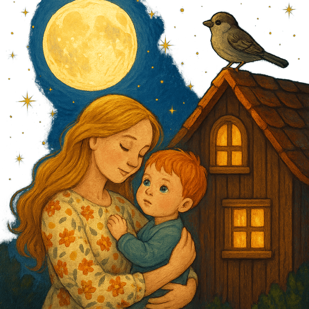 Мама укачивает своего малыша под светом луны.
