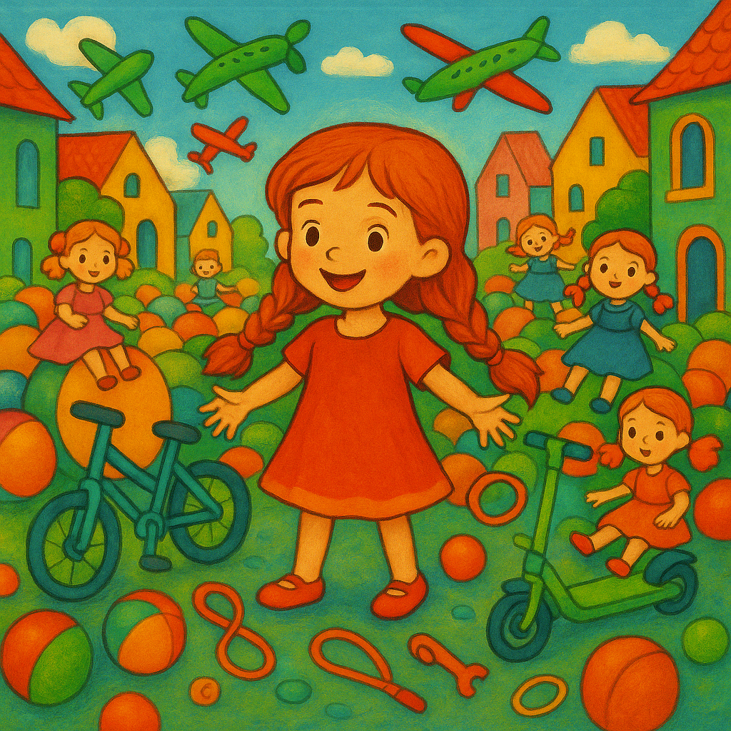 Весь город заполняют игрушки, вокруг Жени — куклы, мячи, игрушечные самолёты