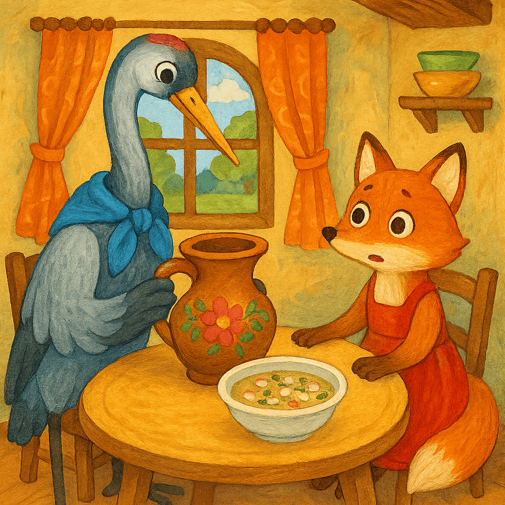 Журавль угощает лису окрошкой в кувшине, лиса не может достать еду