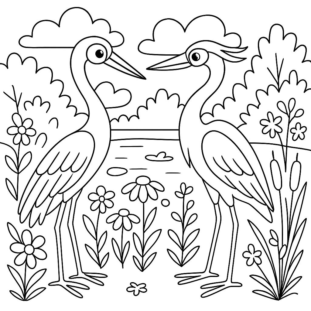 Раскраска по сказке "Журавль и цапля"