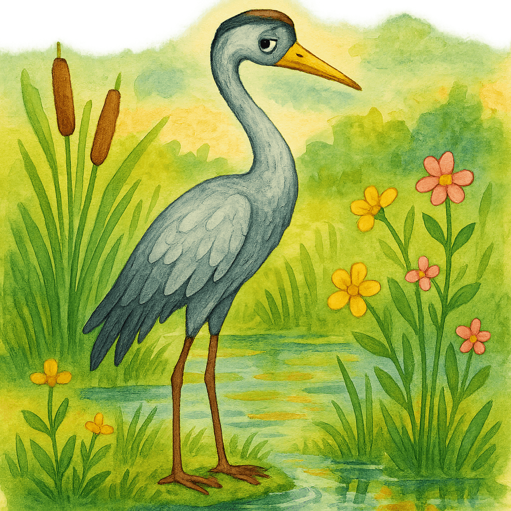 Журавль задумчиво стоит на болоте