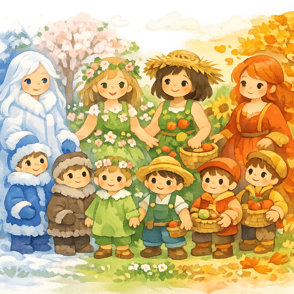 Четыре сестры с двенадцатью сыновьями-месяцами на поляне.