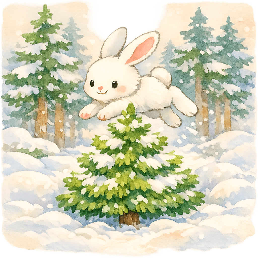 Заяц перепрыгивает через молодую елочку на снегу