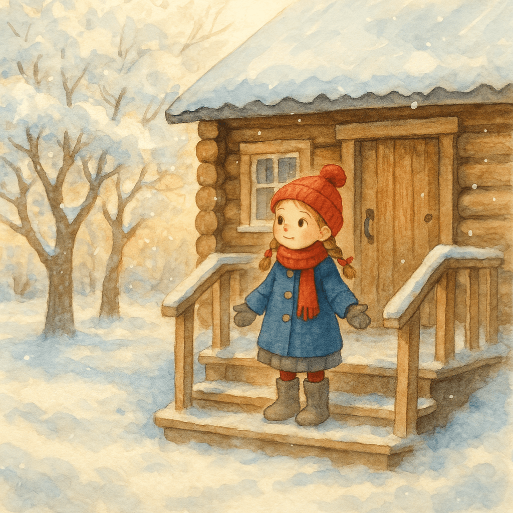Первый снег: Катя на крыльце смотрит на белый двор