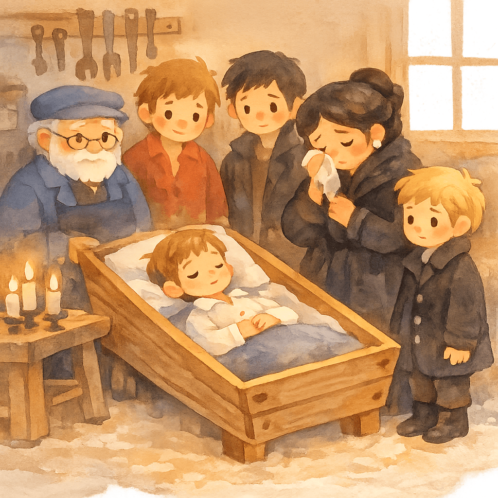 Прощание с Прошкой в мастерской, Анна Ивановна и Володя стоят у гроба