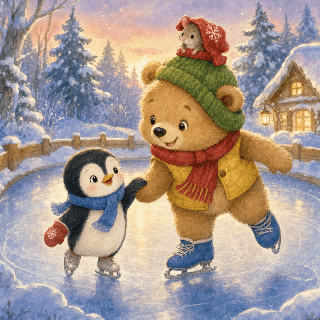 Друзья катаются, а мышка едет на шапке