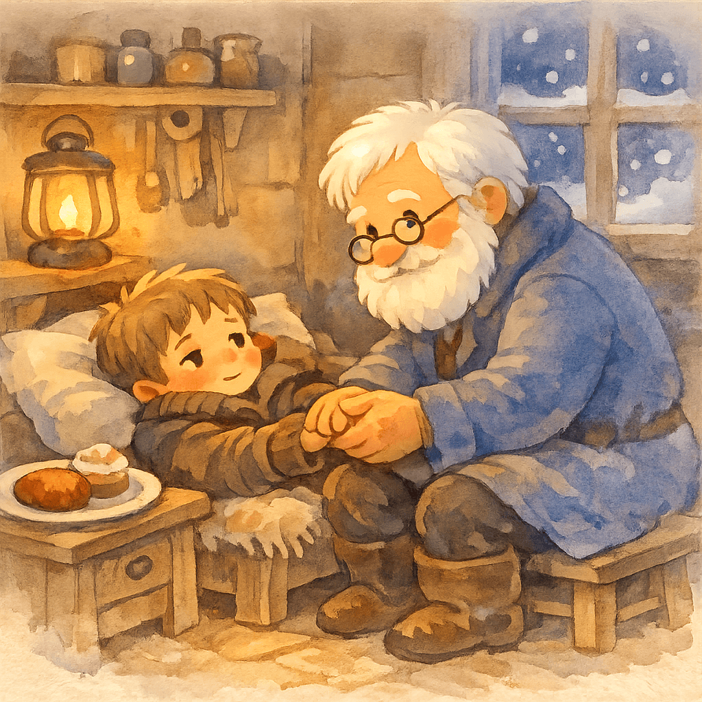 Больной Прошка лежит на кроватке, Ермилыч заботливо сидит рядом