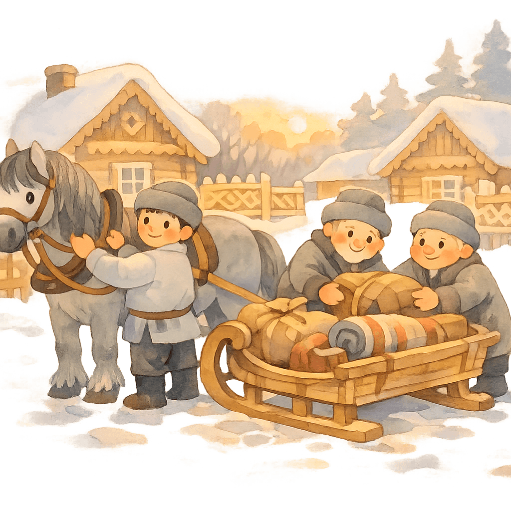 Зиннят-агай запрягает лошадь к саням, Саранбай и Давлетбай рядом