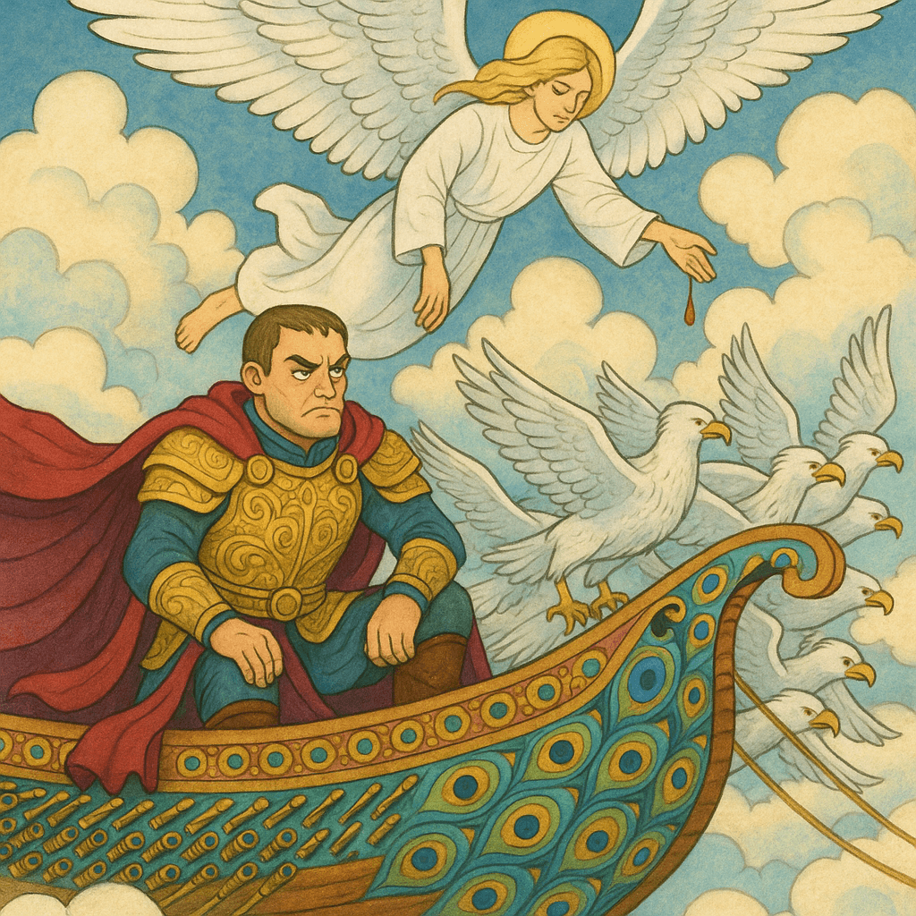 Злой князь на воздушном корабле, ангел с крылом над ним