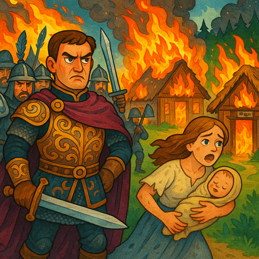 Воины разоряют деревню, мать с младенцем убегает от пожара