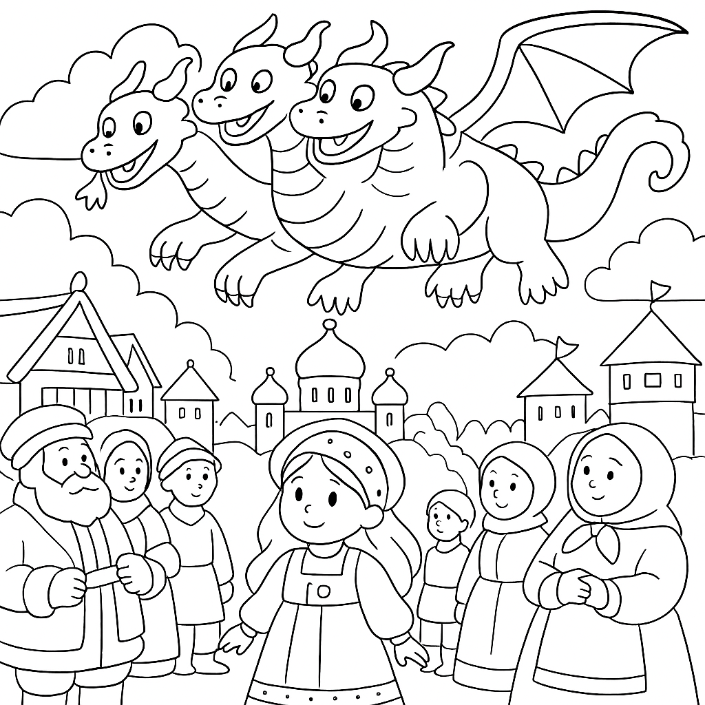 Раскраска по сказке "Добрыня и змей"